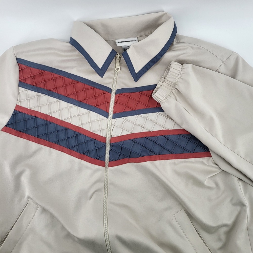 Alfred Dunner Women Beige Zip Front Jacket Red Blue Geometric Design Size 16
